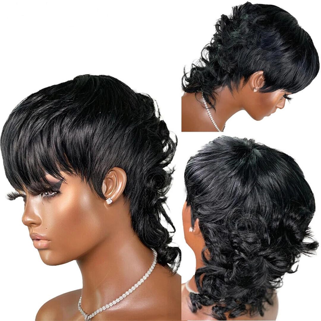 Mullet Wigs for Women, Pixie Cut Wigs, Human Hair Wigs, 12inch Natural Black Glueless Wigs