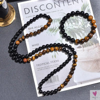 8mm Yellow Tiger Eye Black Onyx Beaded Necklace Men and Women Choker Long Necklace Jewelry Set Sweet T 52