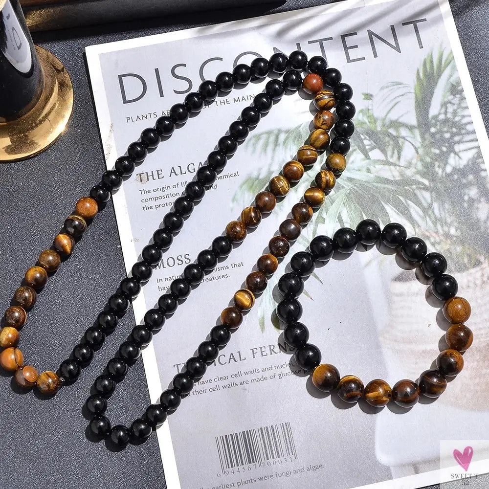 8mm Yellow Tiger Eye Black Onyx Beaded Necklace Men and Women Choker Long Necklace Jewelry Set Sweet T 52