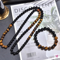 8mm Yellow Tiger Eye Black Onyx Beaded Necklace Men and Women Choker Long Necklace Jewelry Set Sweet T 52