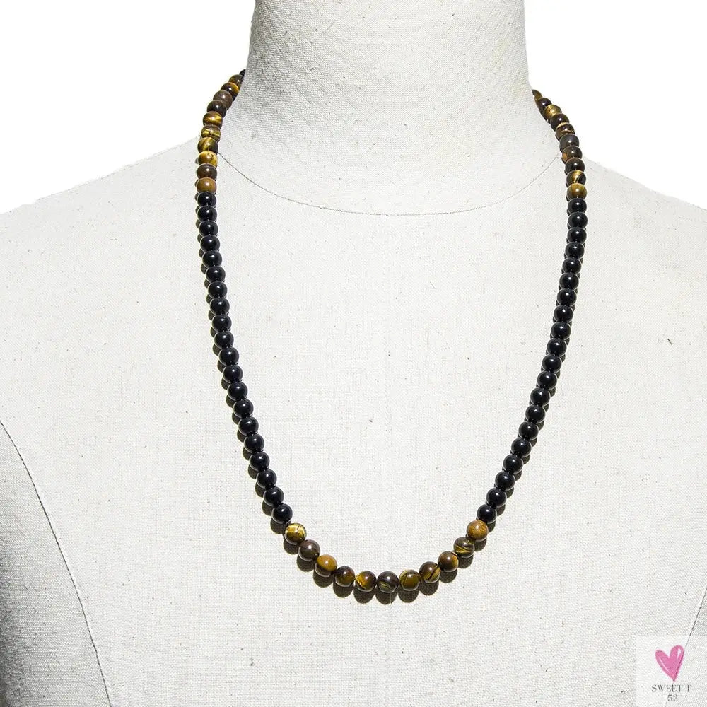 8mm Yellow Tiger Eye Black Onyx Beaded Necklace Men and Women Choker Long Necklace Jewelry Set Sweet T 52