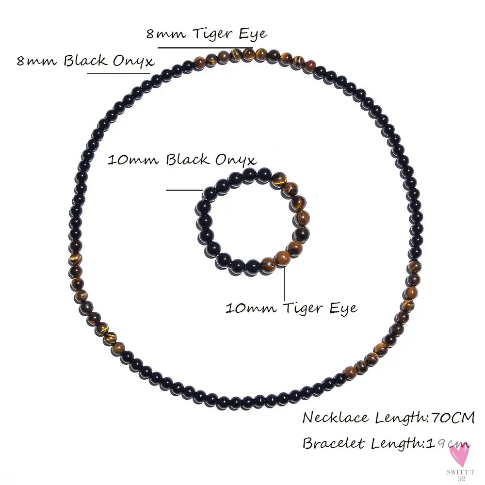 8mm Yellow Tiger Eye Black Onyx Beaded Necklace Men and Women Choker Long Necklace Jewelry Set Sweet T 52