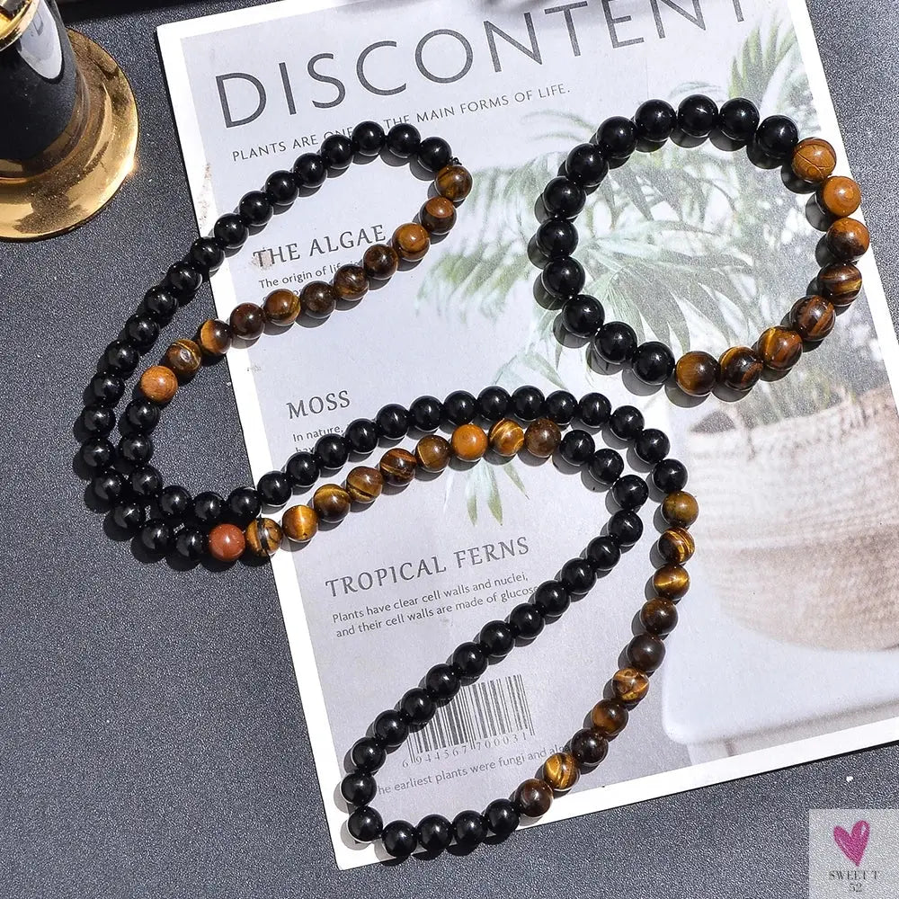 8mm Yellow Tiger Eye Black Onyx Beaded Necklace Men and Women Choker Long Necklace Jewelry Set Sweet T 52