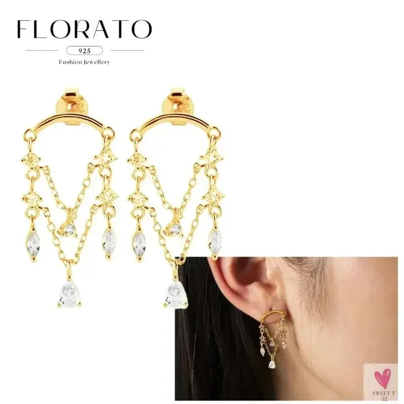 925 Sterling Silver Long Chain Tassel Drop Earrings for Women - Crystal Zircon Star Perforation Earrings, Fine Jewelry SWEET T 52