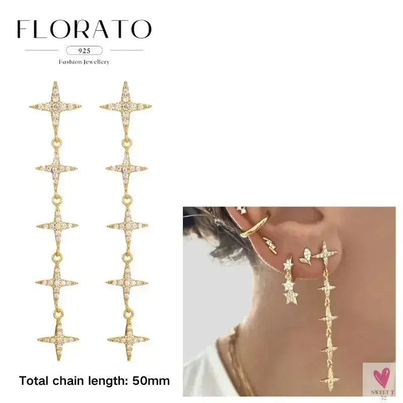 925 Sterling Silver Long Chain Tassel Drop Earrings for Women - Crystal Zircon Star Perforation Earrings, Fine Jewelry SWEET T 52