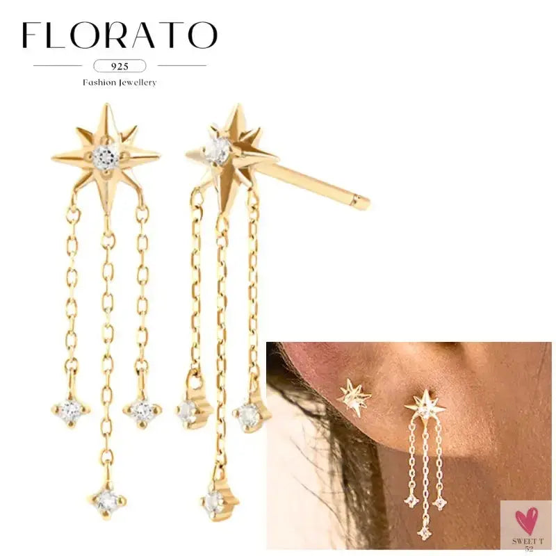 925 Sterling Silver Long Chain Tassel Drop Earrings for Women - Crystal Zircon Star Perforation Earrings, Fine Jewelry SWEET T 52