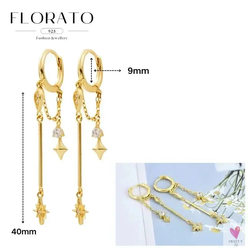 925 Sterling Silver Long Chain Tassel Drop Earrings for Women - Crystal Zircon Star Perforation Earrings, Fine Jewelry SWEET T 52