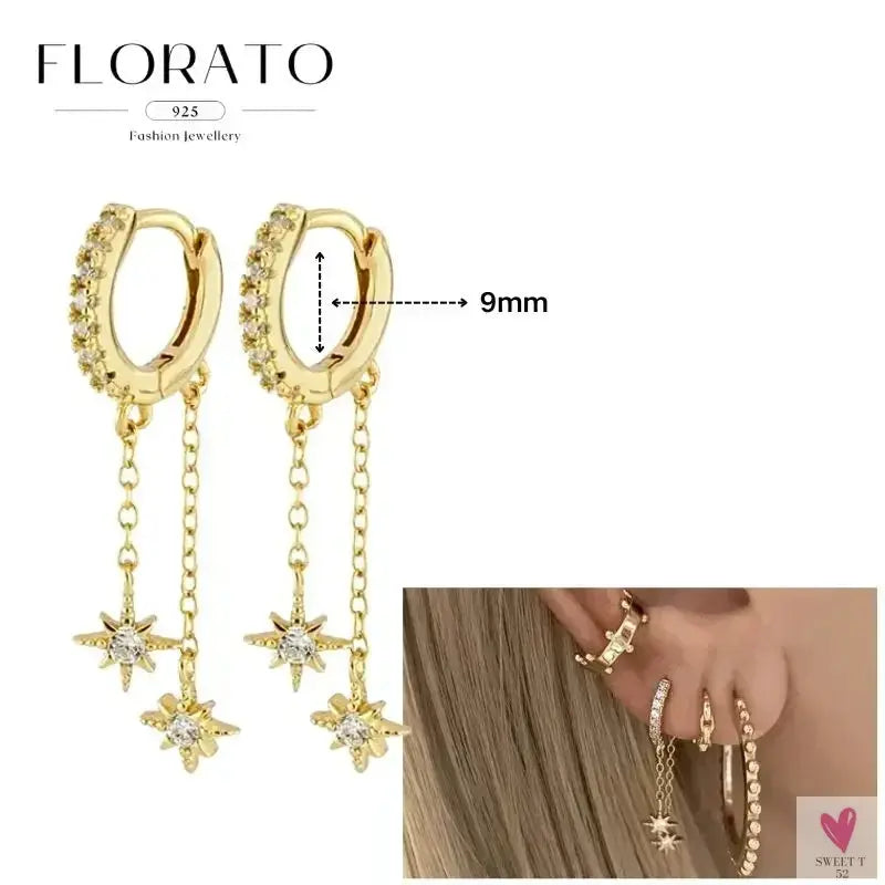 925 Sterling Silver Long Chain Tassel Drop Earrings for Women - Crystal Zircon Star Perforation Earrings, Fine Jewelry SWEET T 52