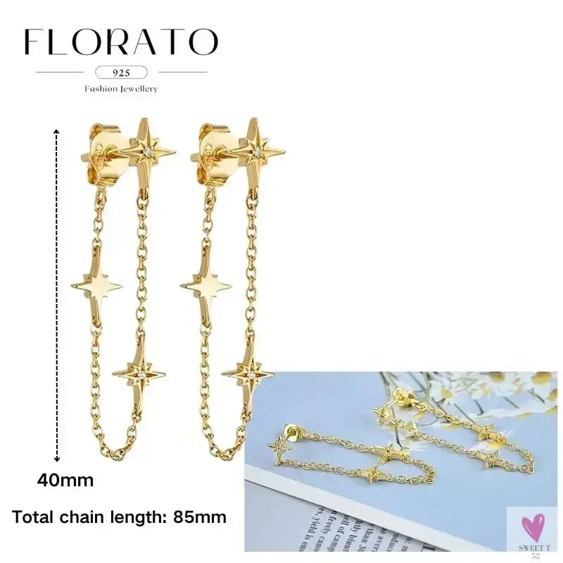 925 Sterling Silver Long Chain Tassel Drop Earrings for Women - Crystal Zircon Star Perforation Earrings, Fine Jewelry SWEET T 52