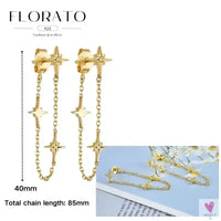 925 Sterling Silver Long Chain Tassel Drop Earrings for Women - Crystal Zircon Star Perforation Earrings, Fine Jewelry SWEET T 52