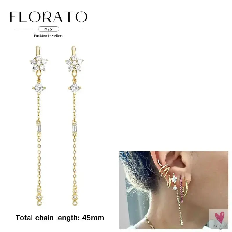 925 Sterling Silver Long Chain Tassel Drop Earrings for Women - Crystal Zircon Star Perforation Earrings, Fine Jewelry SWEET T 52
