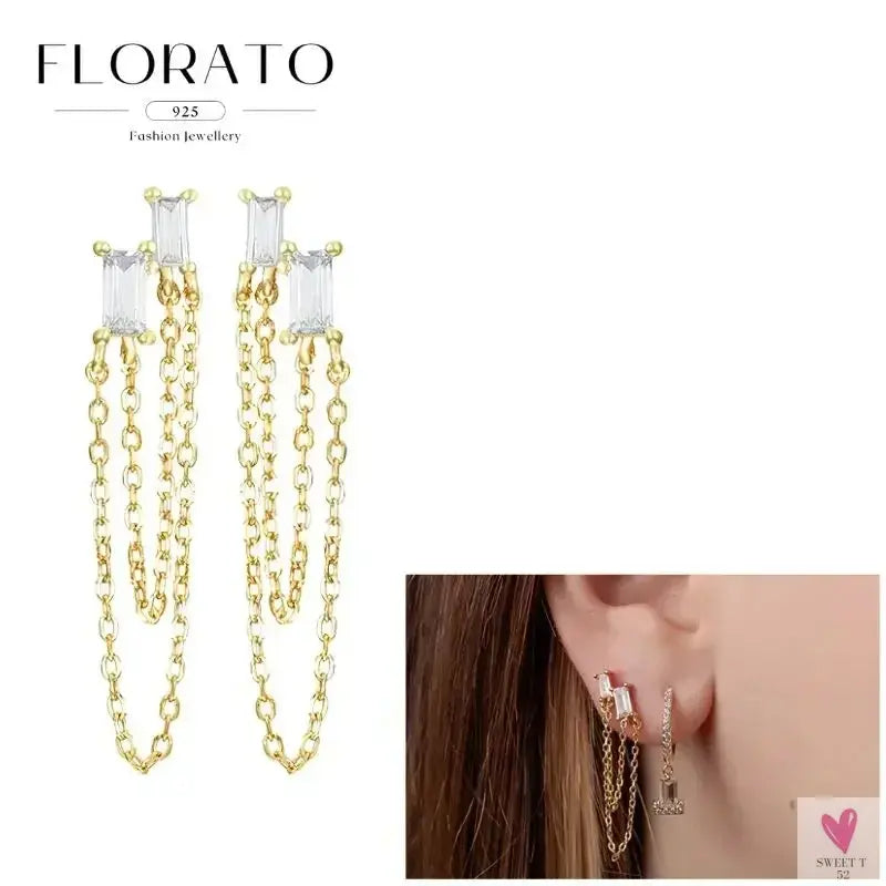 925 Sterling Silver Long Chain Tassel Drop Earrings for Women - Crystal Zircon Star Perforation Earrings, Fine Jewelry SWEET T 52