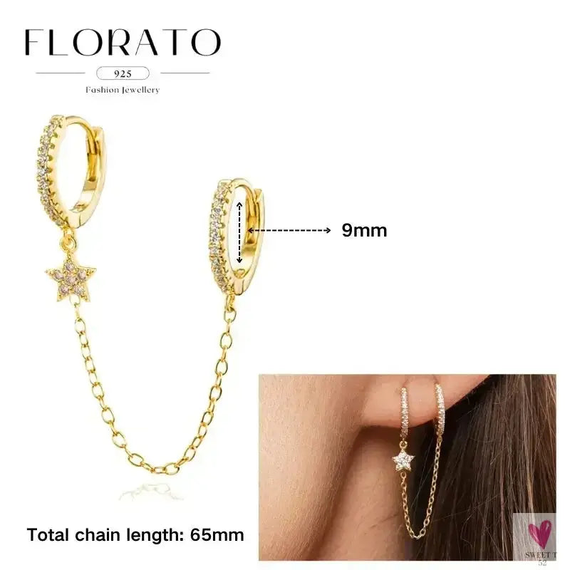 925 Sterling Silver Long Chain Tassel Drop Earrings for Women - Crystal Zircon Star Perforation Earrings, Fine Jewelry SWEET T 52