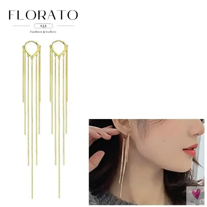 925 Sterling Silver Long Chain Tassel Drop Earrings for Women - Crystal Zircon Star Perforation Earrings, Fine Jewelry SWEET T 52
