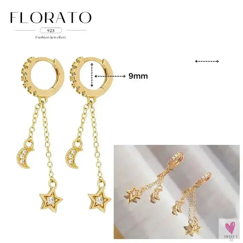 925 Sterling Silver Long Chain Tassel Drop Earrings for Women - Crystal Zircon Star Perforation Earrings, Fine Jewelry SWEET T 52