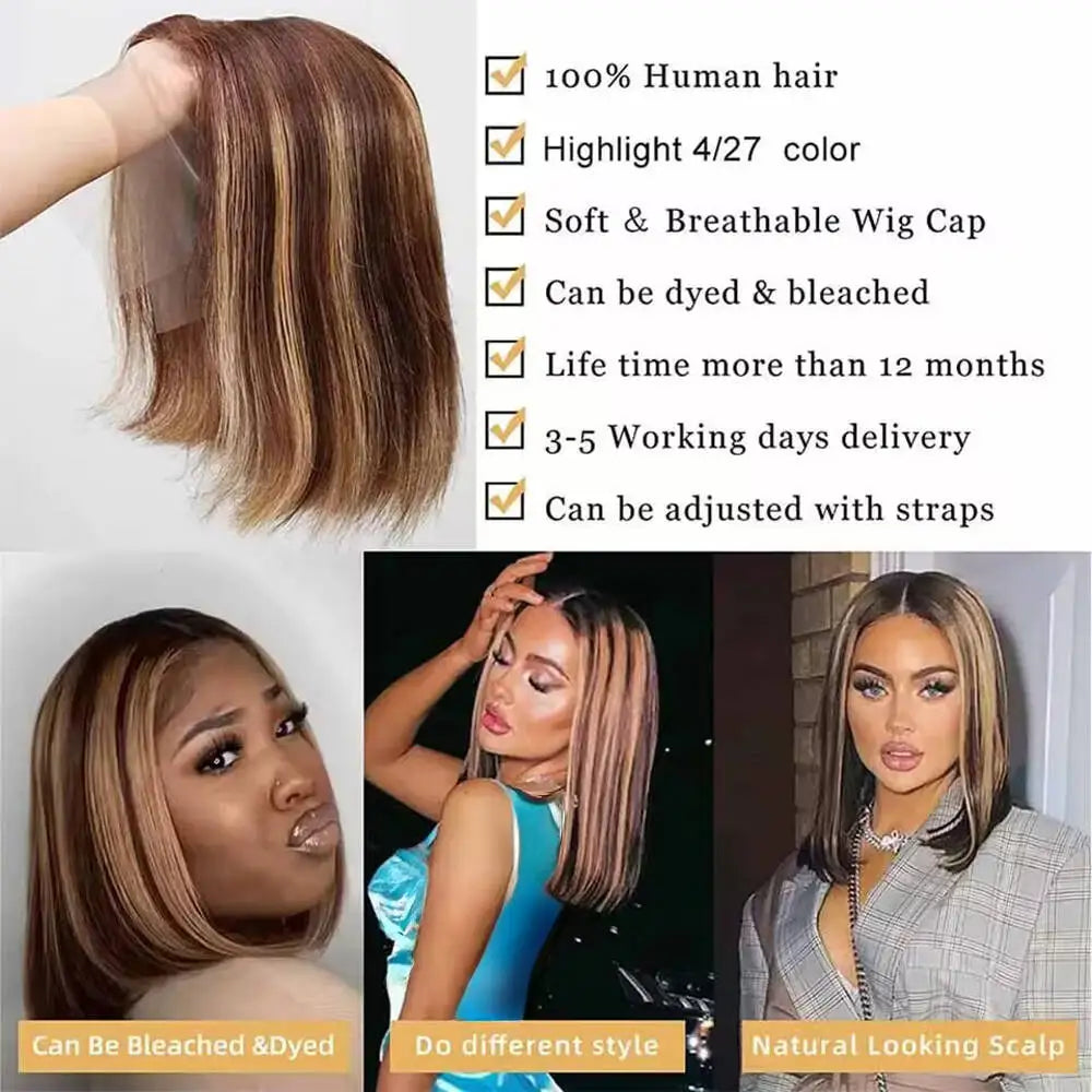 4/27 Highlight Ombre Bob Wig - 13x4 Lace Front Human Hair, Pre-Plucked