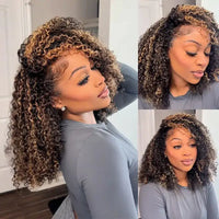 VSHOW 3 IN 1 Half Wig Wear and Go Kinky curly Highlight Ombre Brown Human Hair Pre-Styled Wig Invisible Hairline with Drawsting SWEET T 52