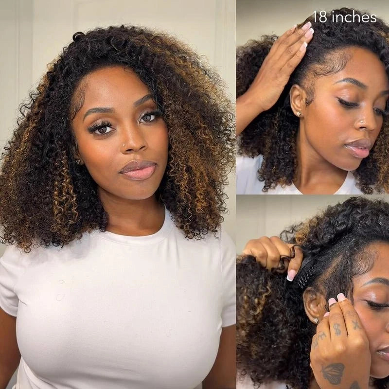 VSHOW 3 IN 1 Half Wig Wear and Go Kinky curly Highlight Ombre Brown Human Hair Pre-Styled Wig Invisible Hairline with Drawsting SWEET T 52