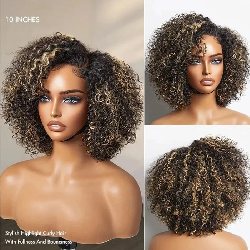 Short Honey Blonde Bob, Kinky Curly, Brown with Ombre Highlights, 5x7 Lace Classic Closure, Human Hair Wigs for Women