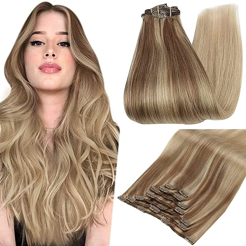 Clip-in Hair Extensions - Human Hair Clips Balayage (highlights) 7pcs, 120g, Double Weft Human Hair Extensions for Women and Girls, 18 Inches