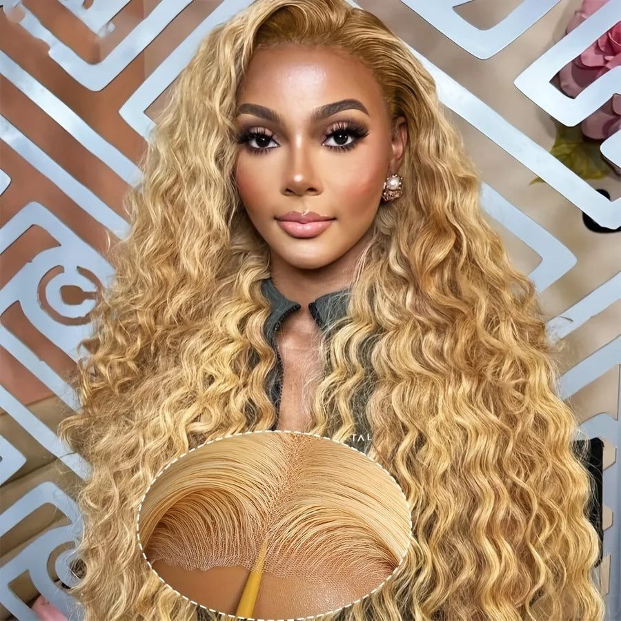 200% Density #27 Honey Blonde Wigs - 13x6 Human Hair Lace Frontal Wigs, 13x4 Lace Front Human Hair Wigs - Deep Curly Wigs