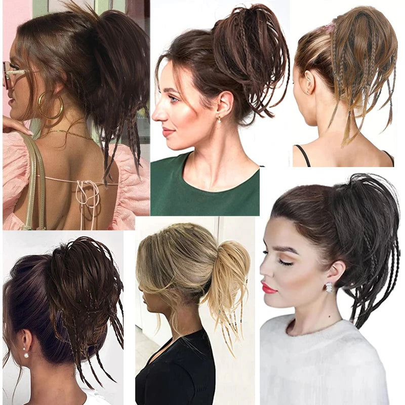 2pc Women's Handmade Synthetic Hair Ponytail Extension with Jaw Clip - Voluminous Messy Bun & Braided Ponytail