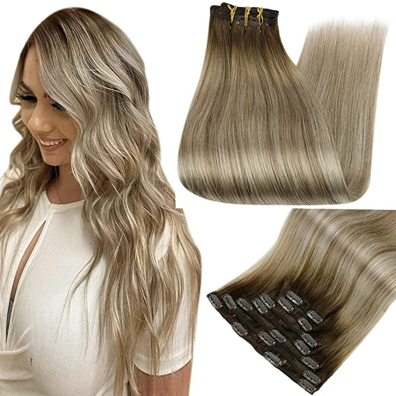 Clip-in Hair Extensions - Human Hair Clips Balayage (Highlights) 7pcs, 120g, Double Weft Human Hair Extensions for Women and Girls, 16 Inches