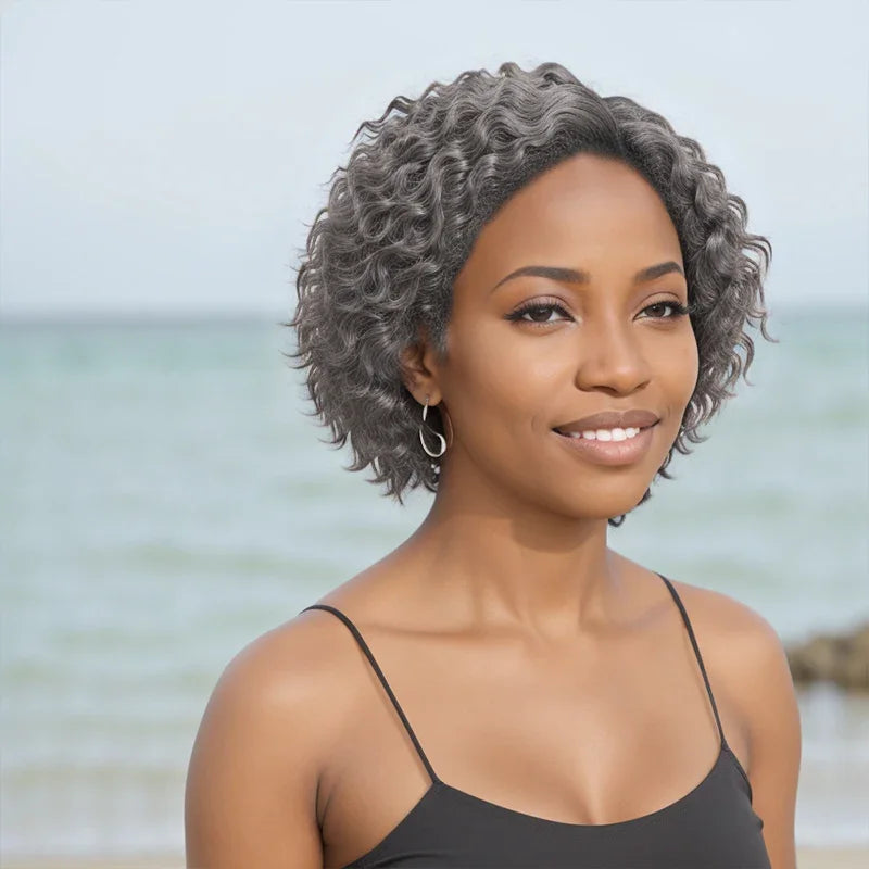 Salt And Pepper Short Kinky Curly Bob Wig, 13x4 Lace Front Human Hair Wig, 180/250% Water Wave for Women