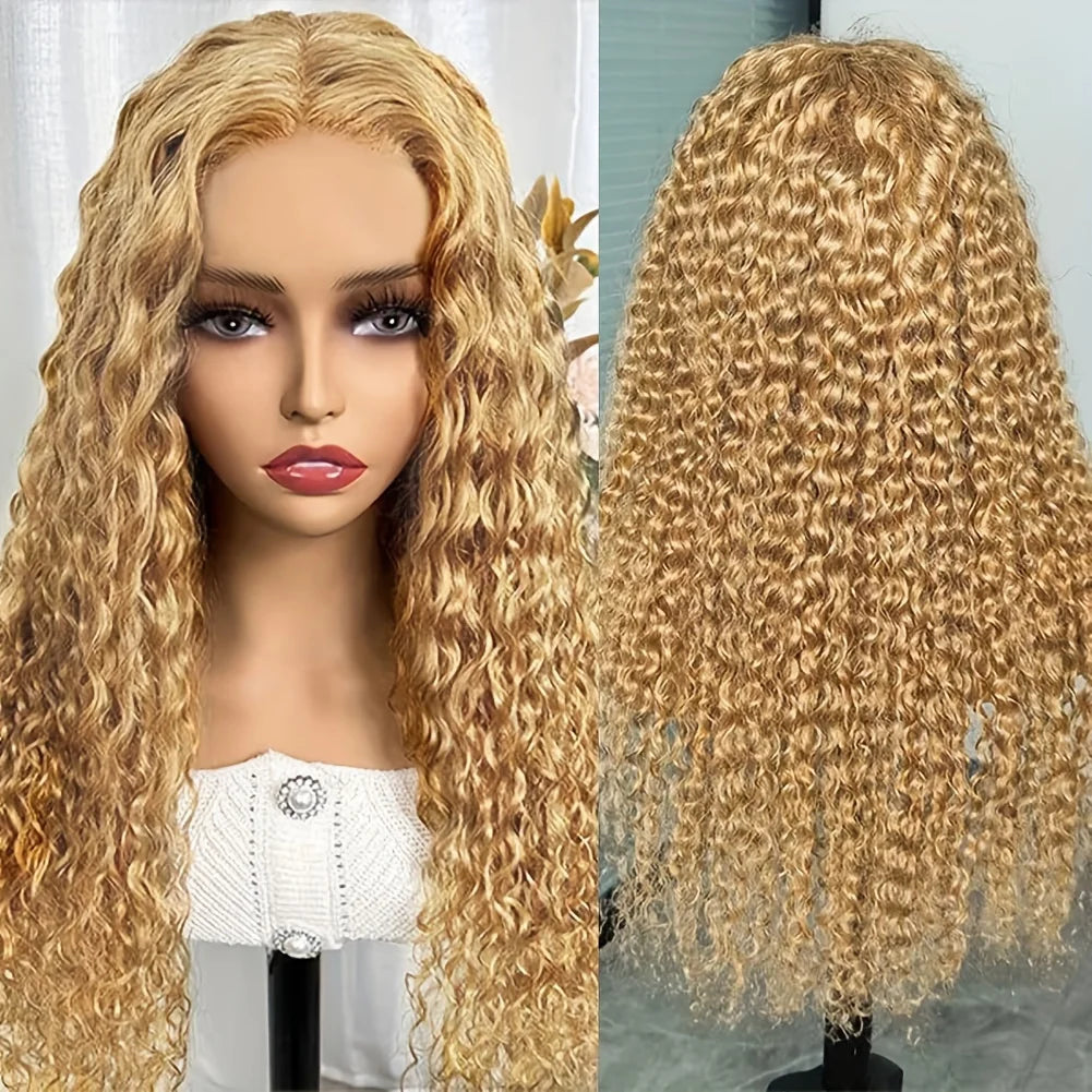 200% Density #27 Honey Blonde Wigs - 13x6 Human Hair Lace Frontal Wigs, 13x4 Lace Front Human Hair Wigs - Deep Curly Wigs