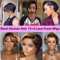 P4/27 Highlight Short Pixie Cut 13x4 Lace Front Wig for Women - Human Hair 200% Density, Natural Look
