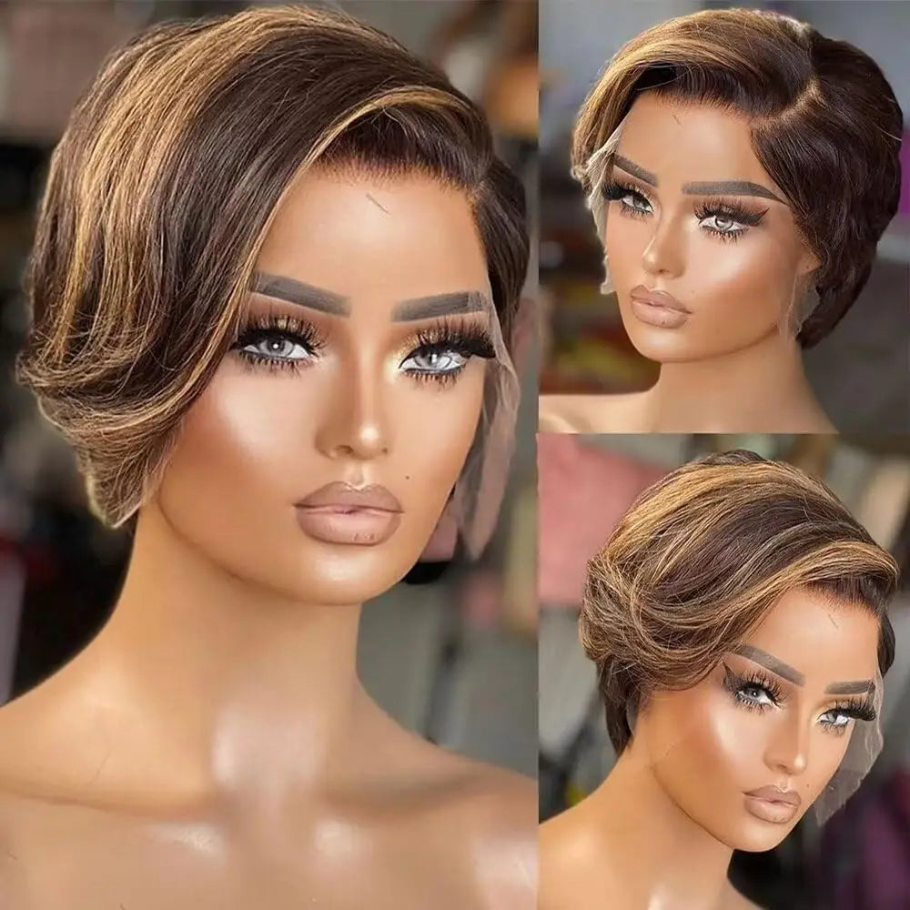 P4/27 Highlight Short Pixie Cut 13x4 Lace Front Wig for Women - Human Hair 200% Density, Natural Look