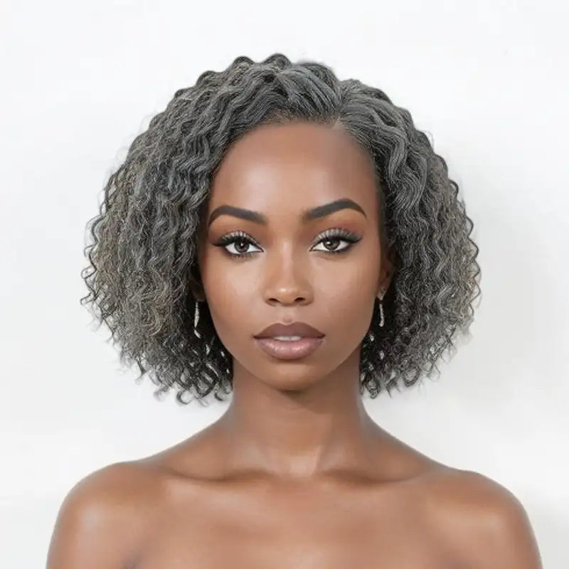 13x4 Lace Front Human Hair Wig, 180% Salt & Pepper Grey, Short Human Hair Wigs, Deep Wave For Women