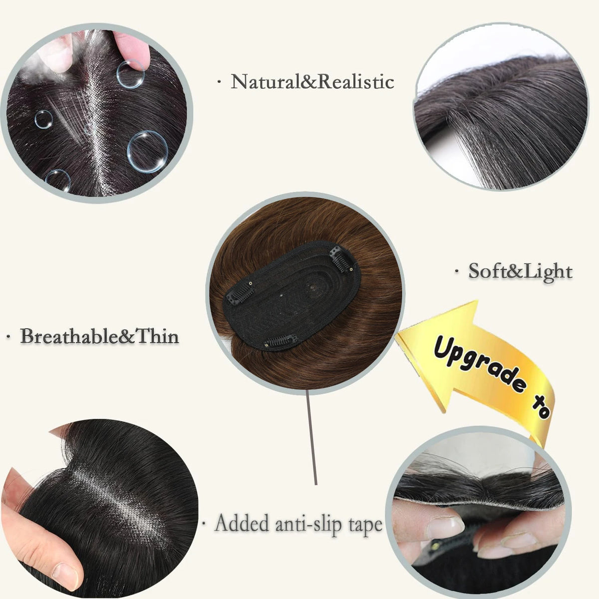 Clip-In Real Human Hair Toppers -  Women's Hair Topper Hairpieces, Brown Hair Toppers/Toupees for Women, Clip-in Hair Extensions