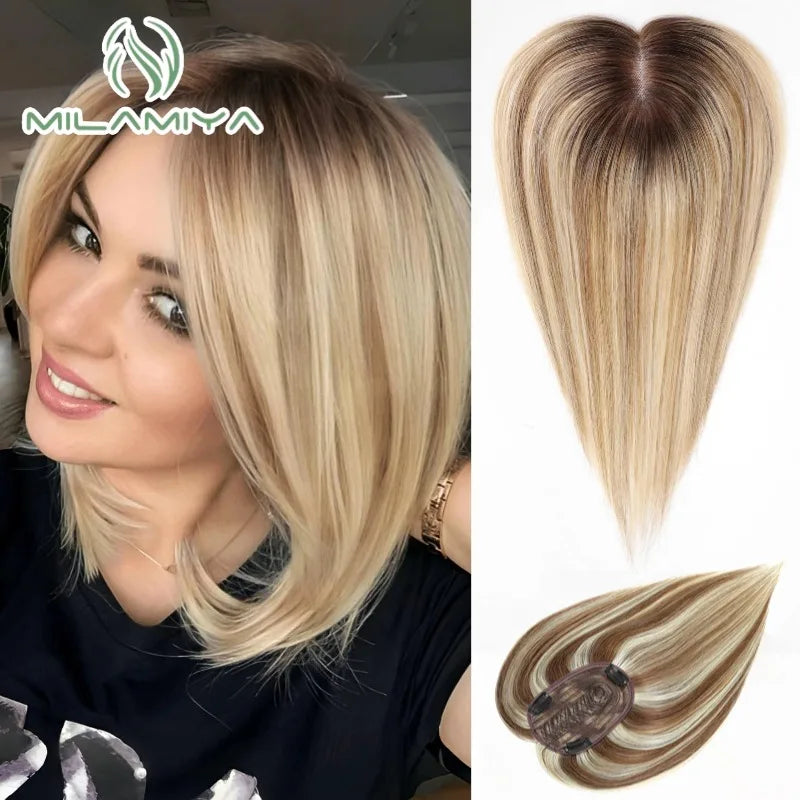 Clip-In Real Human Hair Toppers -  Women's Hair Topper Hairpieces, Brown Hair Toppers/Toupees for Women, Clip-in Hair Extensions