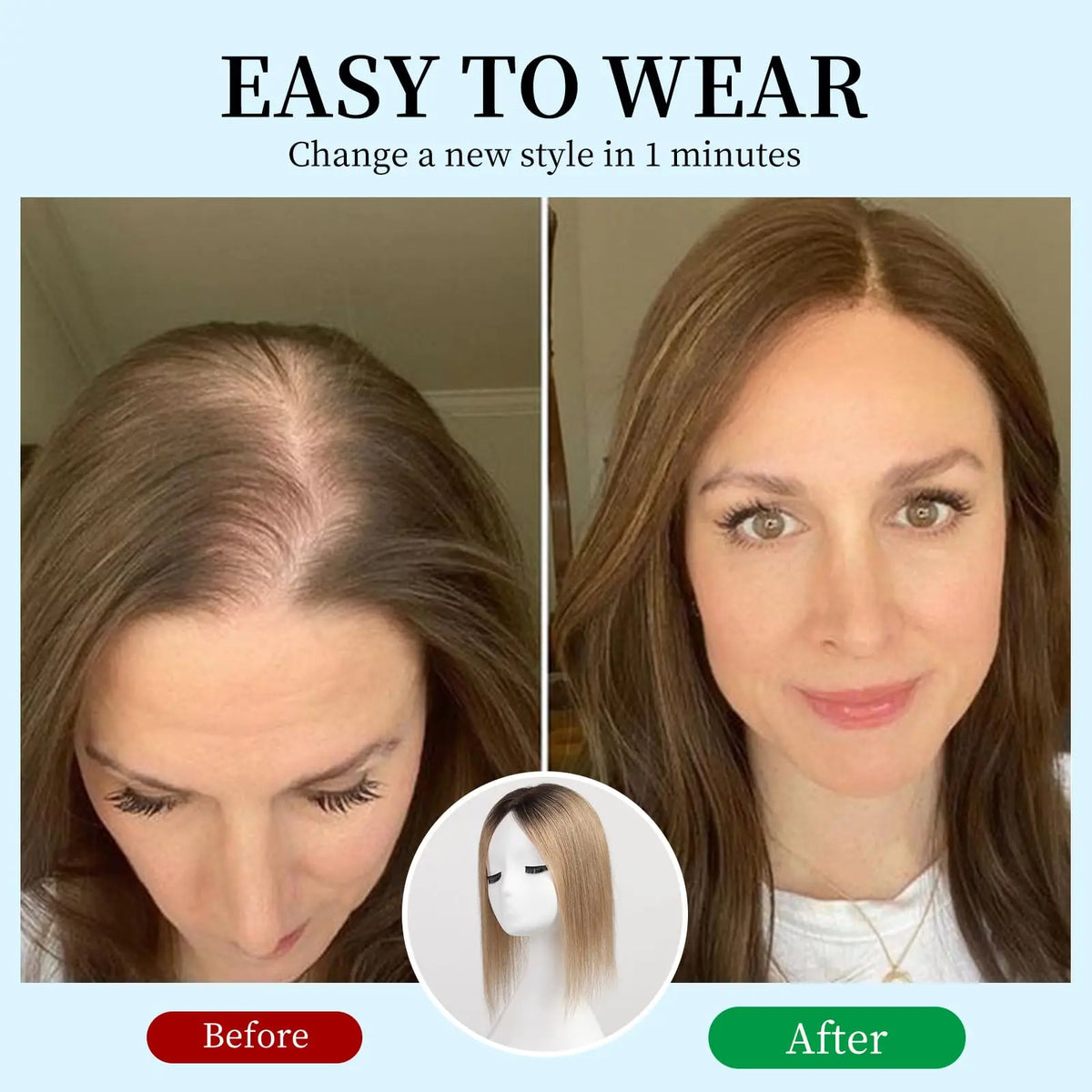 Clip-In Real Human Hair Toppers -  Women's Hair Topper Hairpieces, Brown Hair Toppers/Toupees for Women, Clip-in Hair Extensions