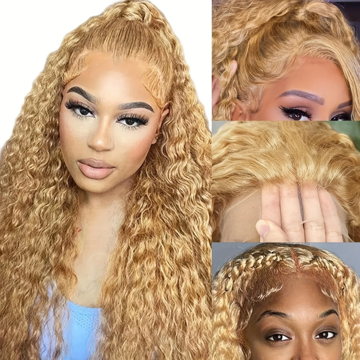 200% Density #27 Honey Blonde Wigs - 13x6 Human Hair Lace Frontal Wigs, 13x4 Lace Front Human Hair Wigs - Deep Curly Wigs