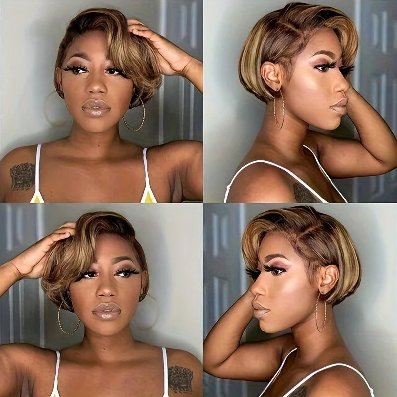 P4/27 Highlight Short Pixie Cut 13x4 Lace Front Wig for Women - Human Hair 200% Density, Natural Look