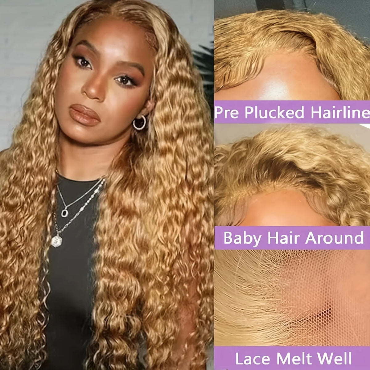 200% Density #27 Honey Blonde Wigs - 13x6 Human Hair Lace Frontal Wigs, 13x4 Lace Front Human Hair Wigs - Deep Curly Wigs