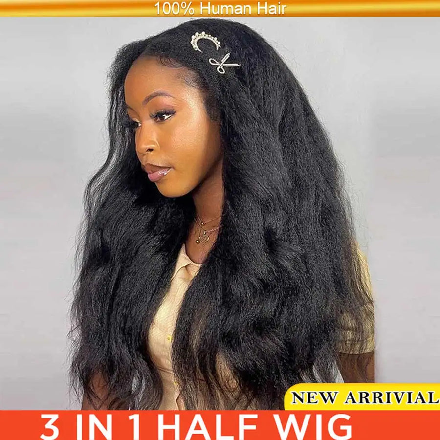 Kinky Straight Half Wig, Glueless Human Hair Wig. Ready to Wear, 3 In 1 Half Wig, Straight Drawstring Yaki Glueless Wig