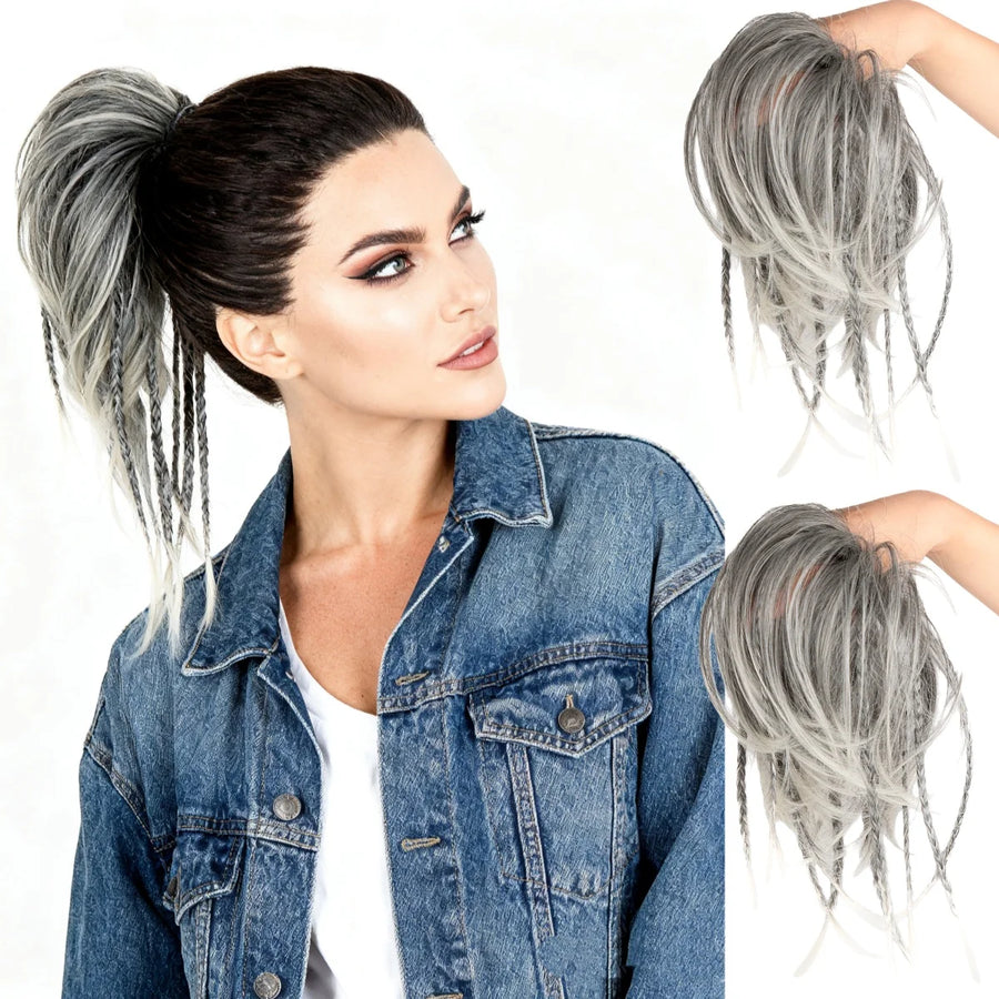 2pc Women's Handmade Synthetic Hair Ponytail Extension with Jaw Clip - Voluminous Messy Bun & Braided Ponytail