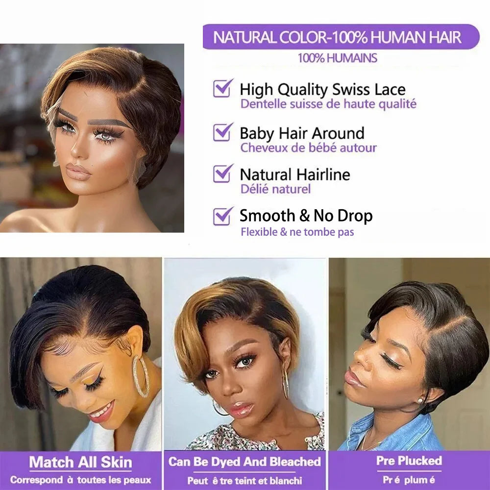 P4/27 Highlight Short Pixie Cut 13x4 Lace Front Wig for Women - Human Hair 200% Density, Natural Look