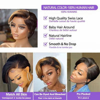 P4/27 Highlight Short Pixie Cut 13x4 Lace Front Wig for Women - Human Hair 200% Density, Natural Look