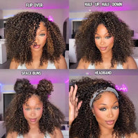 VSHOW 3 IN 1 Half Wig Wear and Go Kinky curly Highlight Ombre Brown Human Hair Pre-Styled Wig Invisible Hairline with Drawsting SWEET T 52