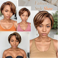 P4/27 Highlight Short Pixie Cut 13x4 Lace Front Wig for Women - Human Hair 200% Density, Natural Look