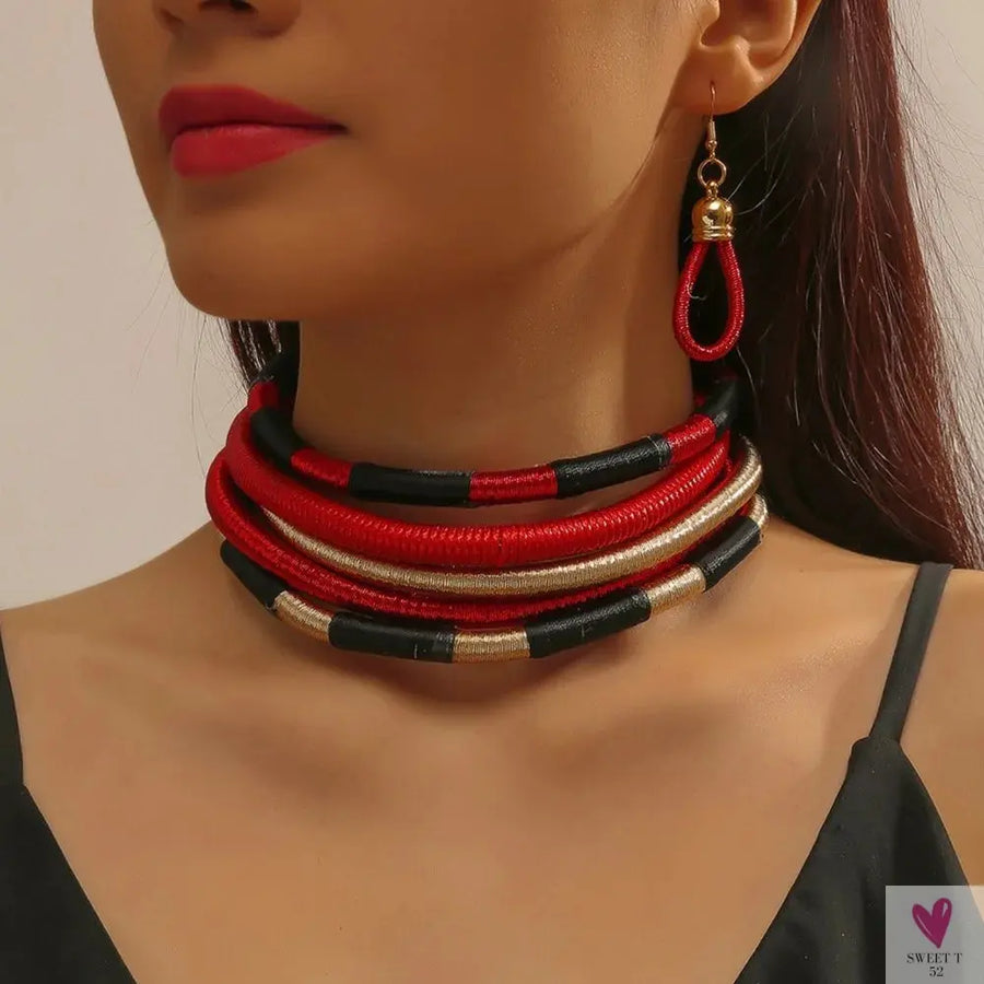 Africa Tribal Neck Jewelry Multilayer Colorful Rope Weave Chunky Bib Statement Necklace Earrings Set For Women Party Accessories Sweet T 52
