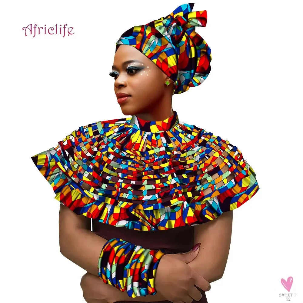 African Ankara Shawl Collar for Women & Girls - Multi Strand Net Necklace, 1 Headband and 10 Bracelets-Necklace-SWEET T 52