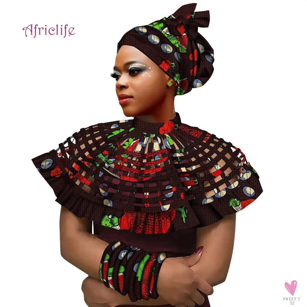 African Ankara Shawl Collar for Women & Girls - Multi Strand Net Necklace, 1 Headband and 10 Bracelets-Necklace-SWEET T 52