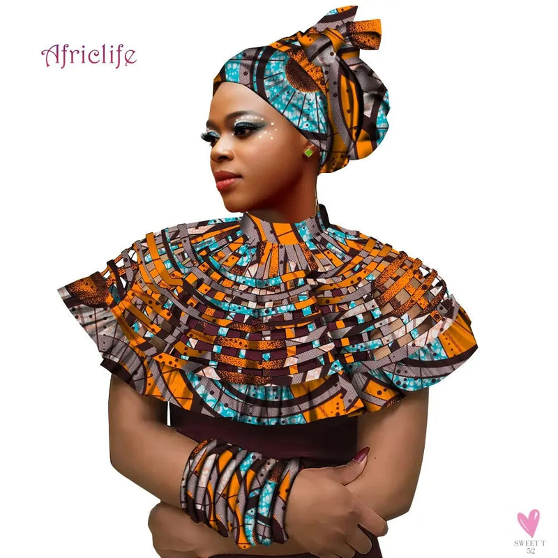 African Ankara Shawl Collar for Women & Girls - Multi Strand Net Necklace, 1 Headband and 10 Bracelets-Necklace-SWEET T 52