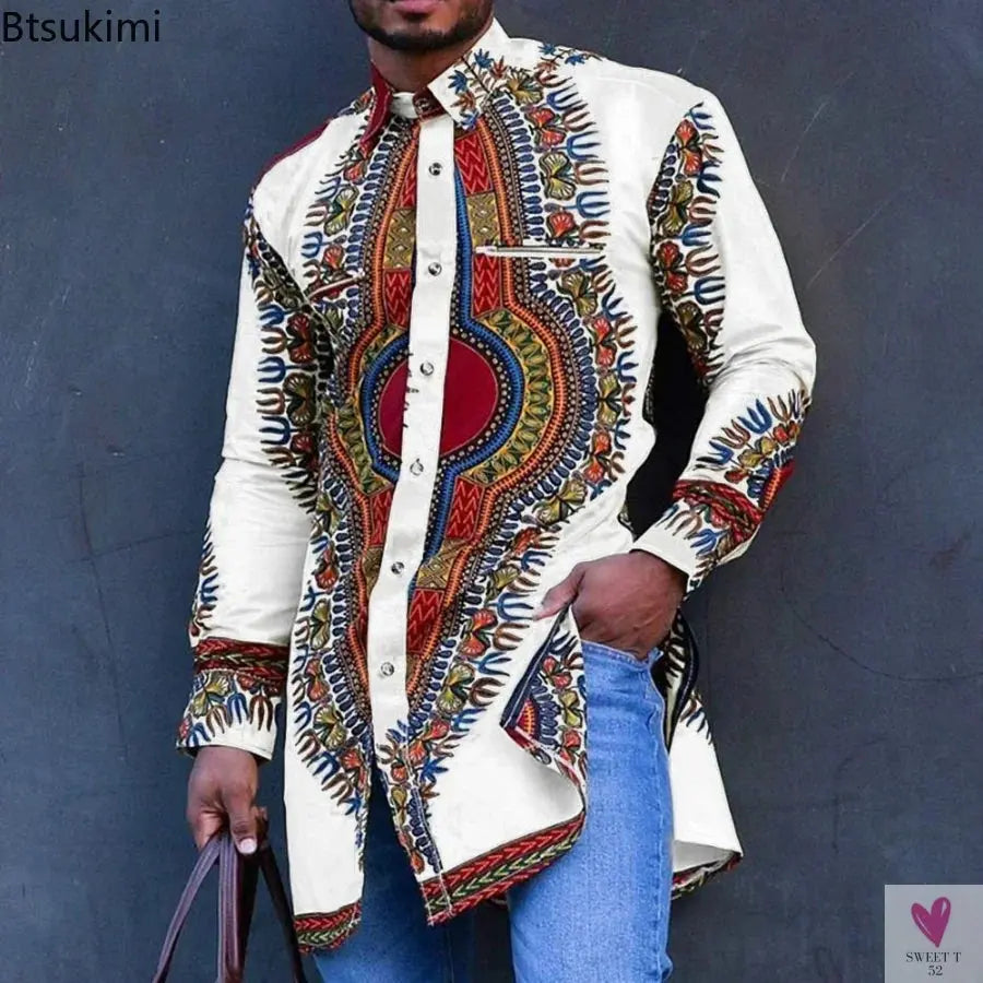 African Men's Clothing Ethnic Print Plus Size Tops Wedding Wear Classic Men's Long Sleeve Shirts Traditional Casual Shirts Male Sweet T 52