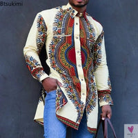 African Men's Clothing Ethnic Print Plus Size Tops Wedding Wear Classic Men's Long Sleeve Shirts Traditional Casual Shirts Male Sweet T 52
